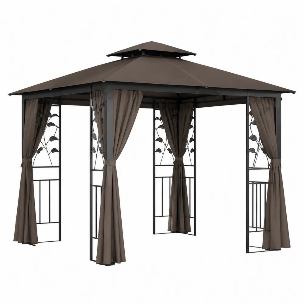 Altana ogrodowa metalowa z poliesterowymi zasłonami 300x300x270 cm brązowa