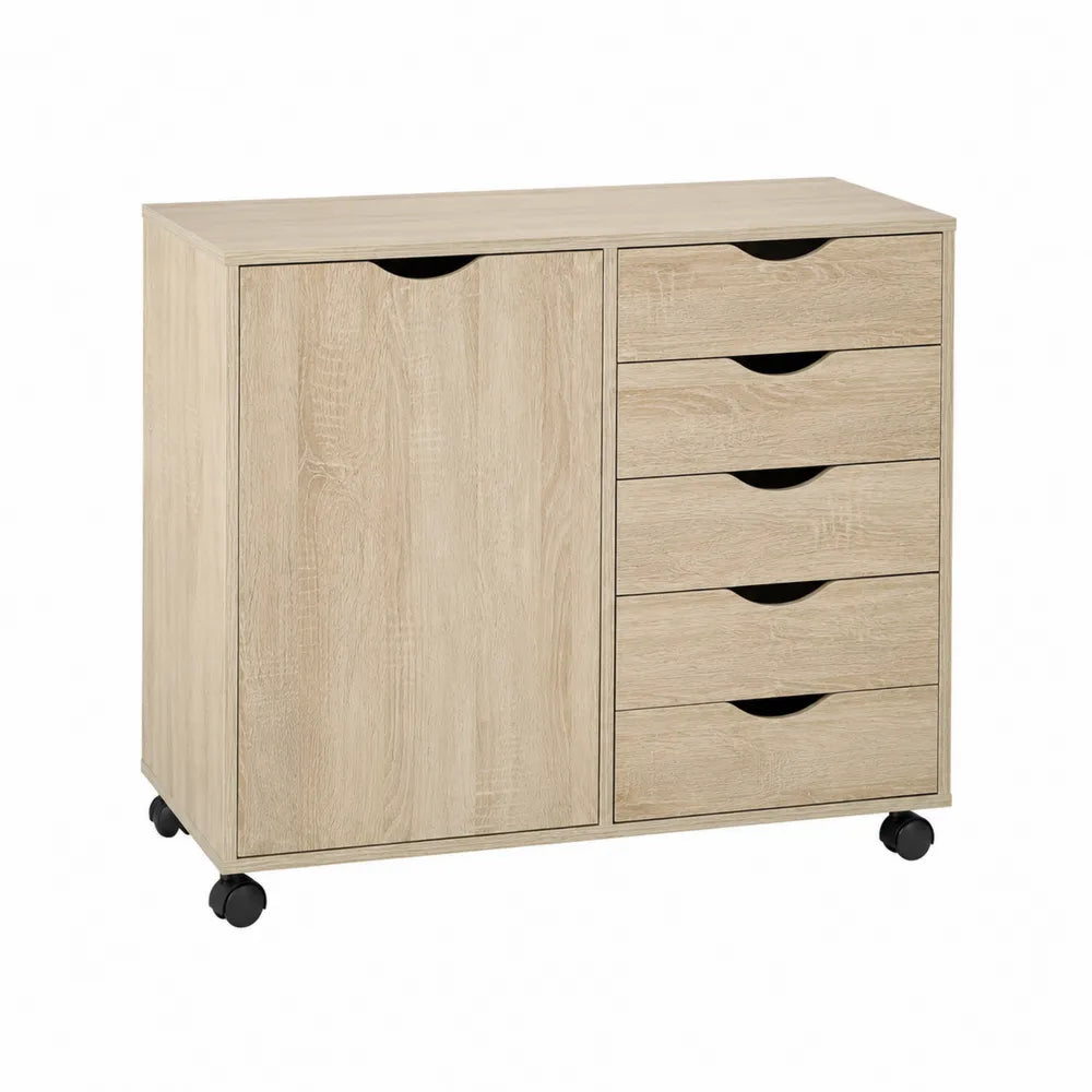 Komoda z płyty MDF z drzwiami i szufladami na kółkach dąb 80x40x90 cm