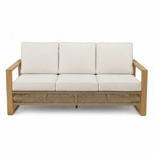 Sofa drewniana z poduszkami 3-osobowa, kremowa