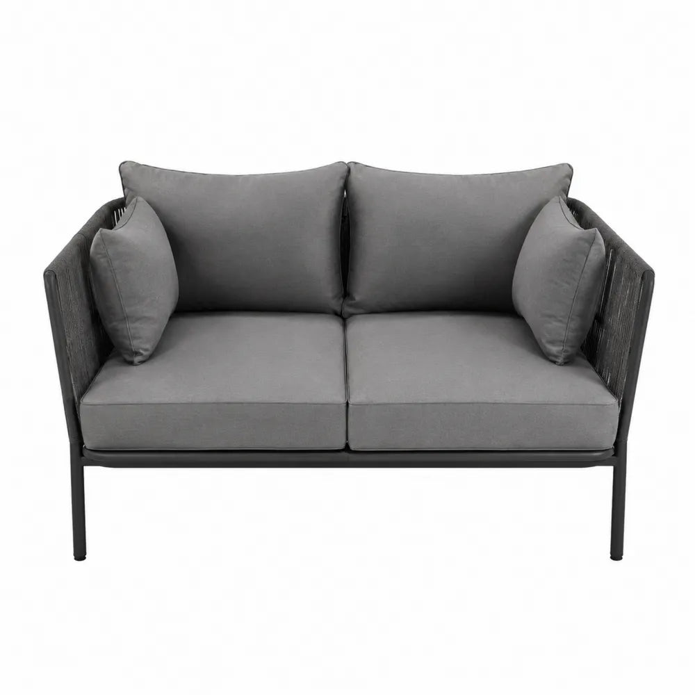 Sofa dwuosobowa z poduszkami, stalowa, szara