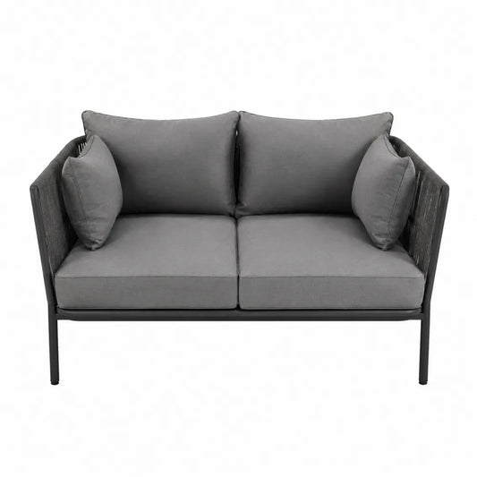 Sofa dwuosobowa z poduszkami, stalowa, szara