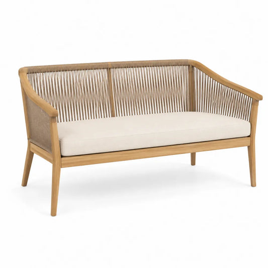 Sofa drewniana z poduszką, 2-osobowa, beżowa, brązowa