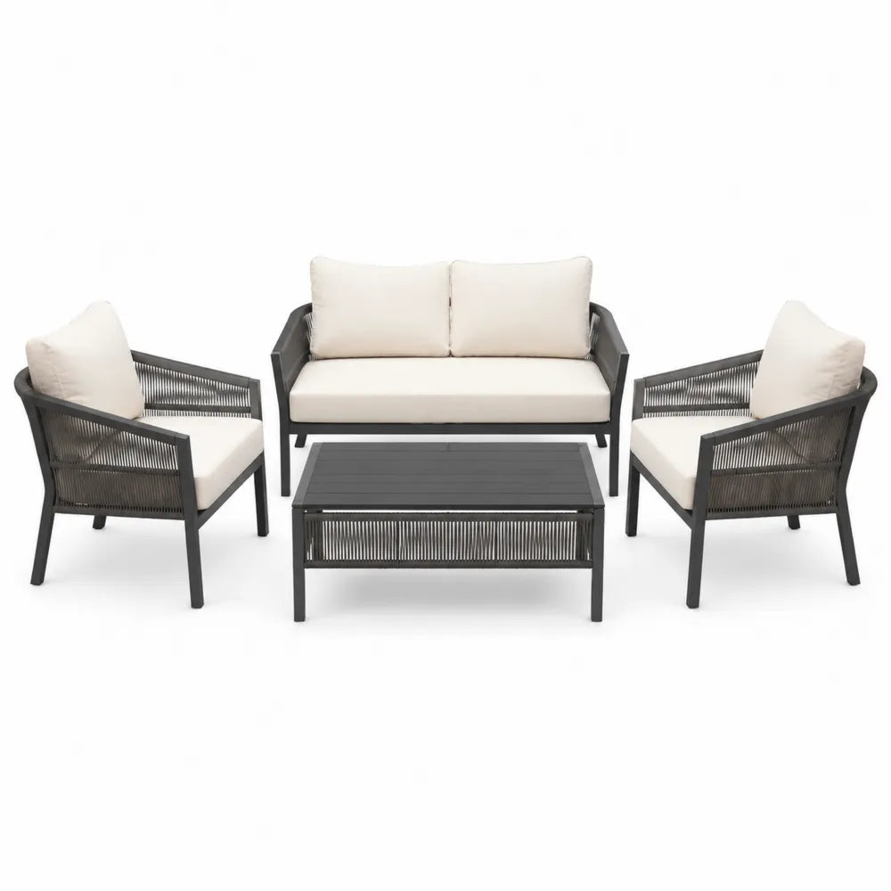 Zestaw mebli ogrodowych z aluminium, 2 fotele, sofa, stół, czarny i kremowy