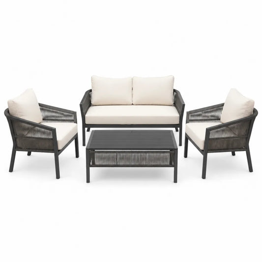 Zestaw mebli ogrodowych z aluminium, 2 fotele, sofa, stół, czarny i kremowy